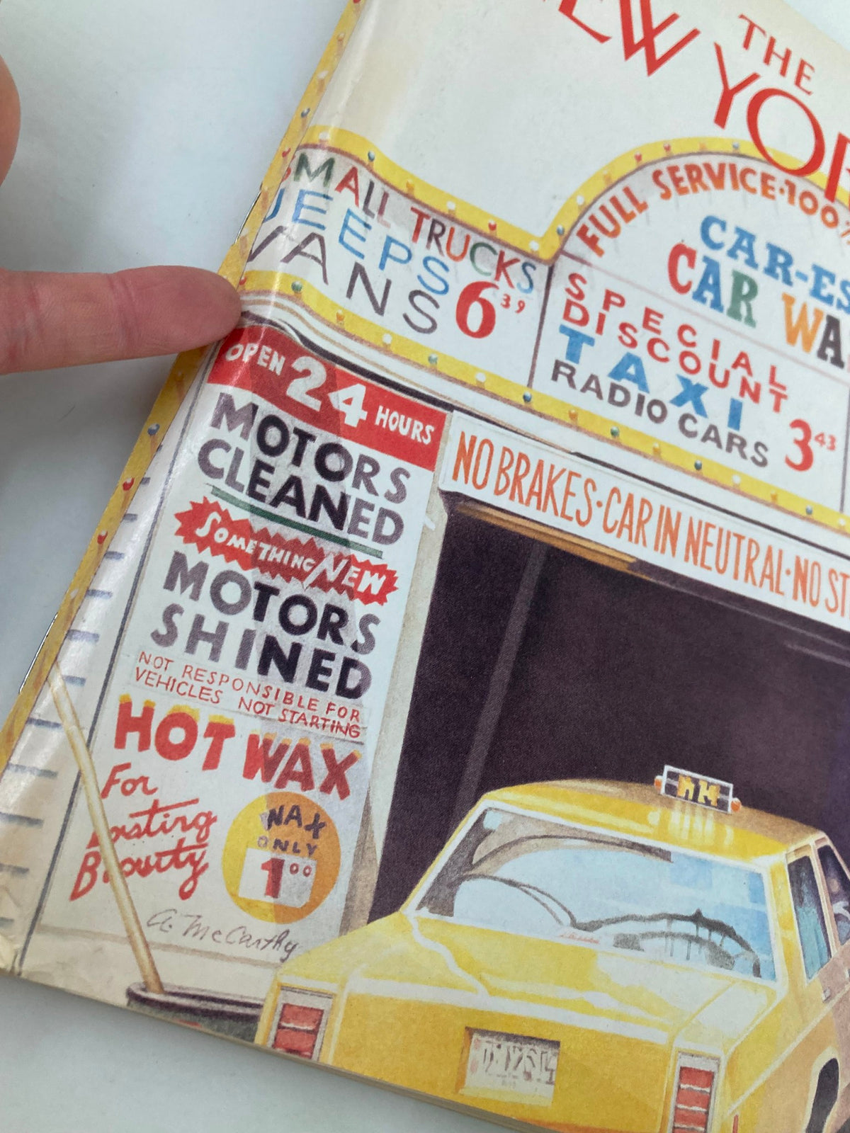 Detail of The New Yorker Full Magazine December 4 1989 cover, highlighting the car wash sign with operating hours, services, and discounted rates.