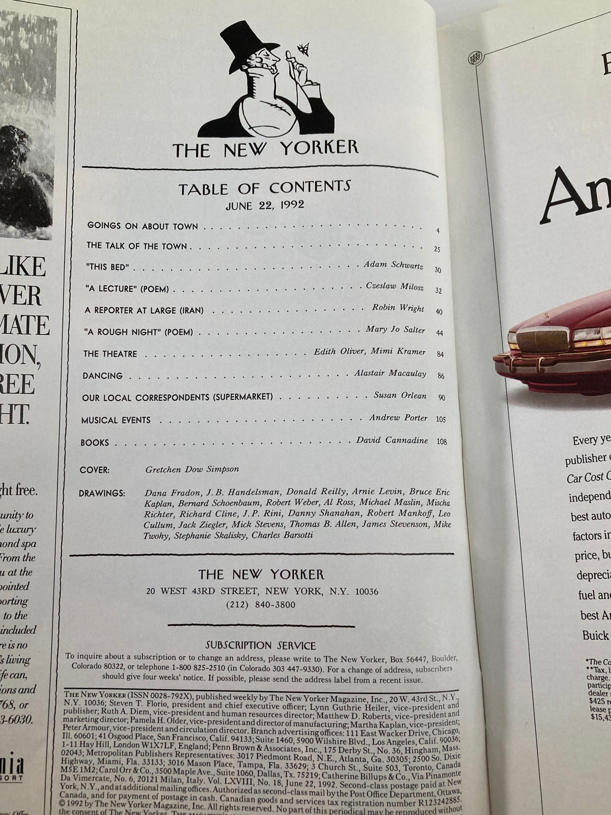 Table of contents from The New Yorker magazine, June 22, 1992, featuring articles and poems, including content by Gretchen Dow Simpson and others, showcasing a glimpse into early '90s culture.