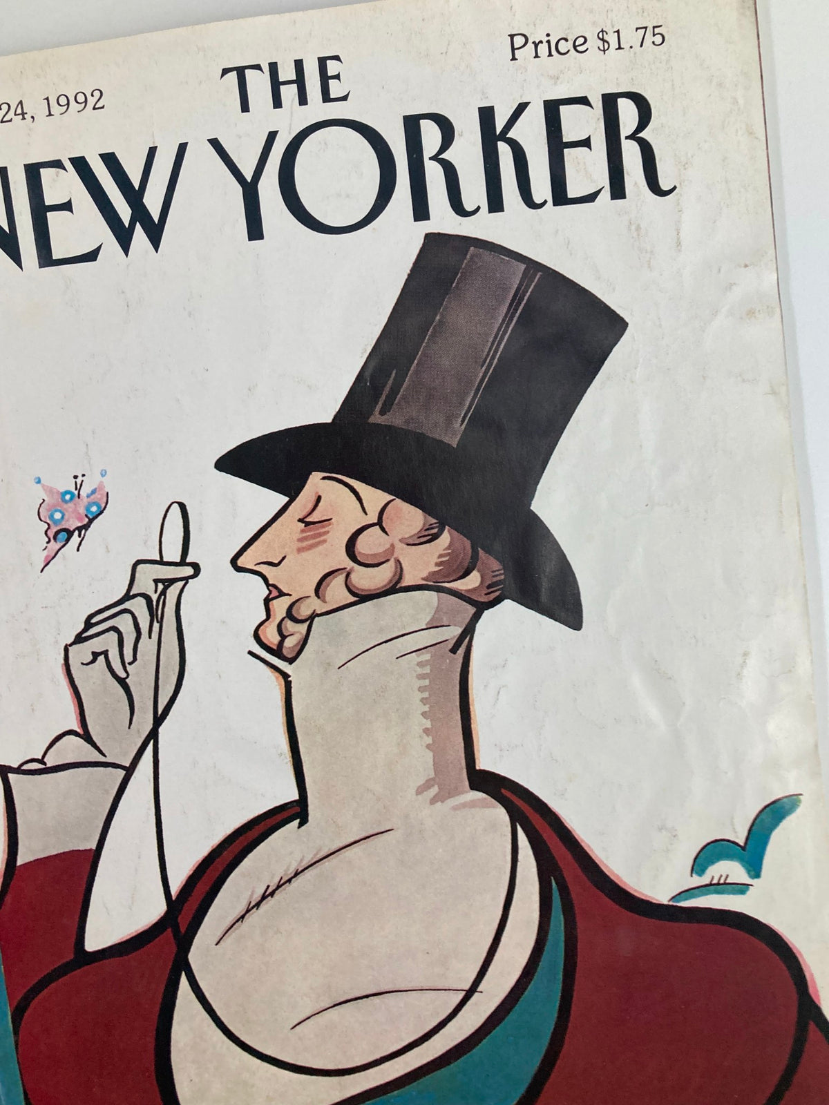 Close-up of the cover of The New Yorker Full Magazine February 24, 1992, highlighting Eustace Tilley by Rea Irvin with details of the illustration and the magazine's title.