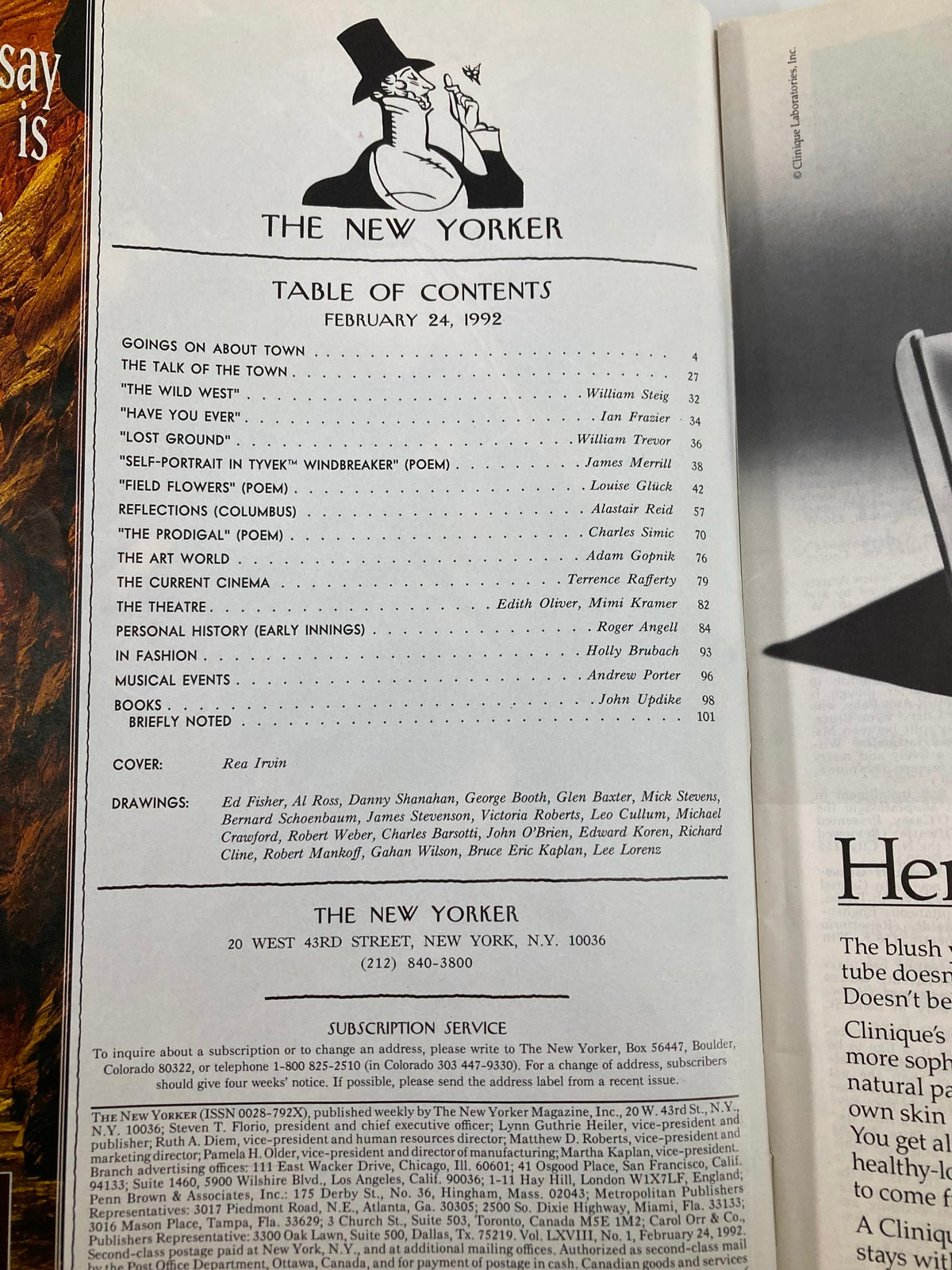 Table of contents from The New Yorker Full Magazine February 24, 1992, listing articles, poems, and contributors, featuring the artwork of Eustace Tilley by Rea Irvin.