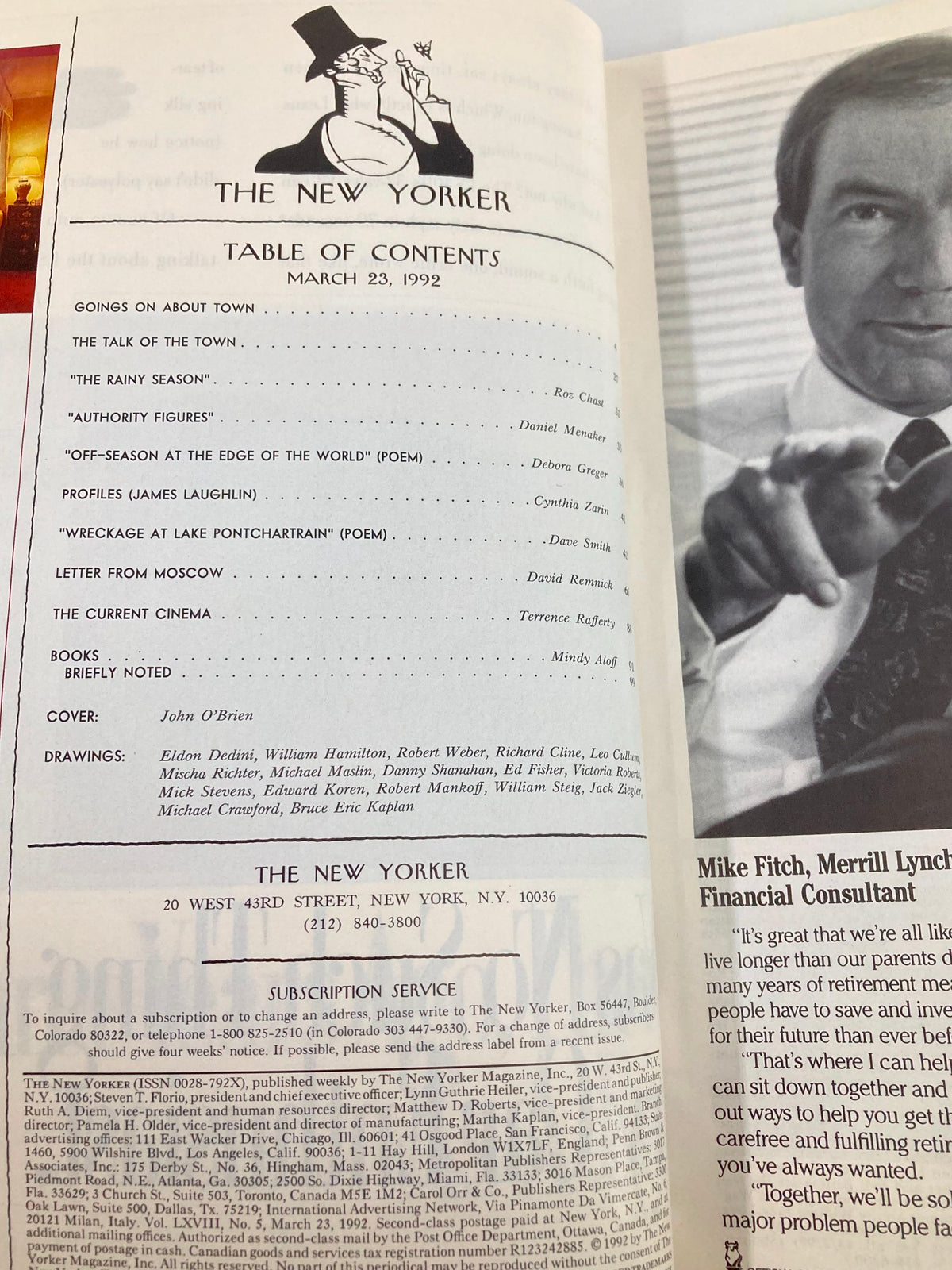 The New Yorker Full Magazine March 23 1992, featuring a table of contents with articles such as 'The Talk of the Town', 'Authority Figures', and profiles, showcasing various contributors and illustrations by John O'Brien.