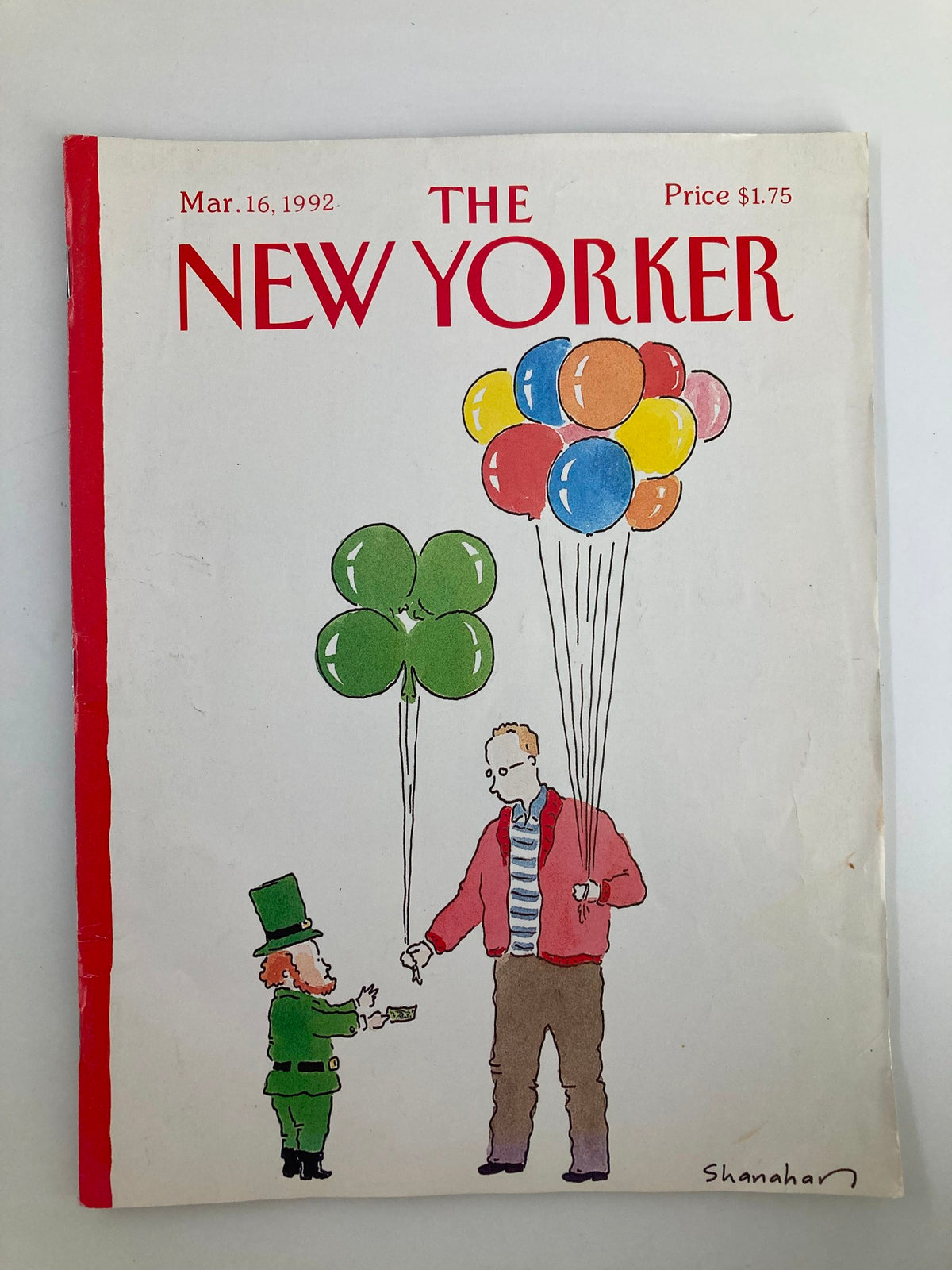 Cover of The New Yorker Full Magazine March 16 1992, featuring a whimsical illustration by Danny Shanahan of a leprechaun and a man holding colorful balloons for St. Patrick's Day.
