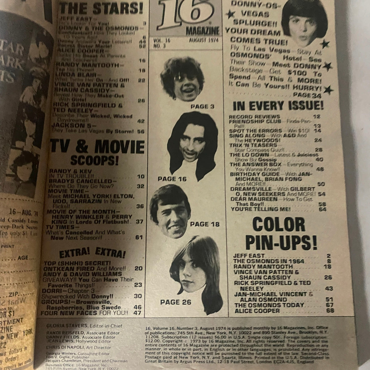 Inside page of 16 Magazine August 1974 displaying table of contents with featured stars and article listings.