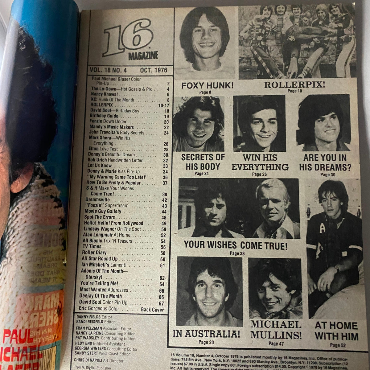 Inside page of VTG 16 Magazine October 1976 showing the table of contents with various magazine features including profiles of stars and entertainment articles.