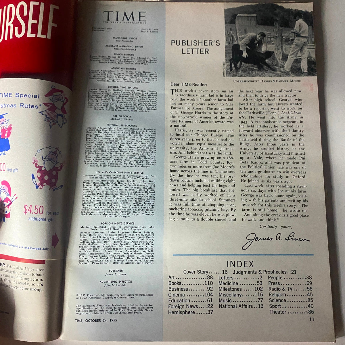 Inside spread of VTG Time Magazine October 24, 1955 Vol 66 No. 17 displaying the Publisher's Letter and magazine index, highlighting editorial features and contributors.
