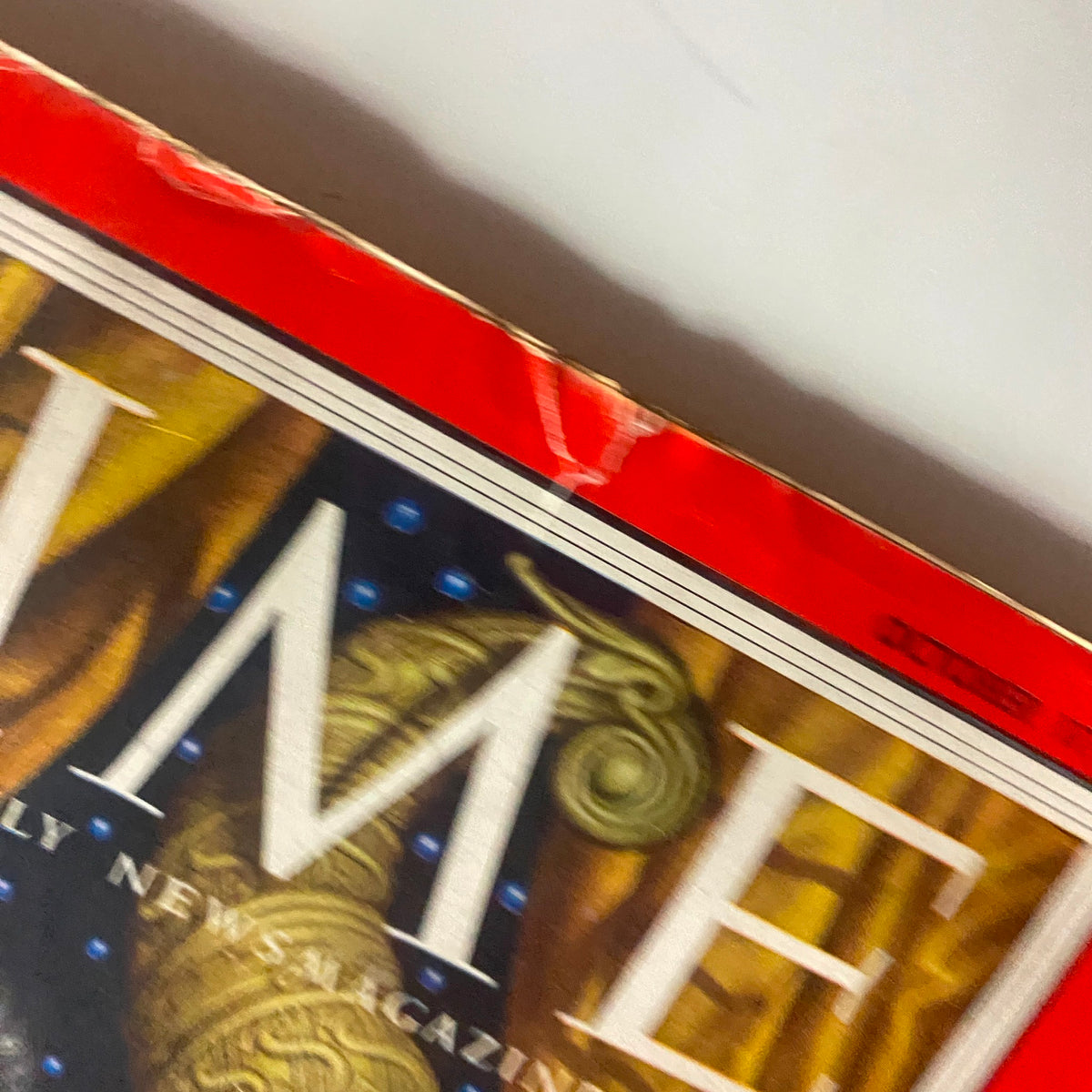 Close-up view of the top of the VTG Time Magazine October 17, 1955 Vol 66 No. 16, highlighting the vintage design and red color scheme.
