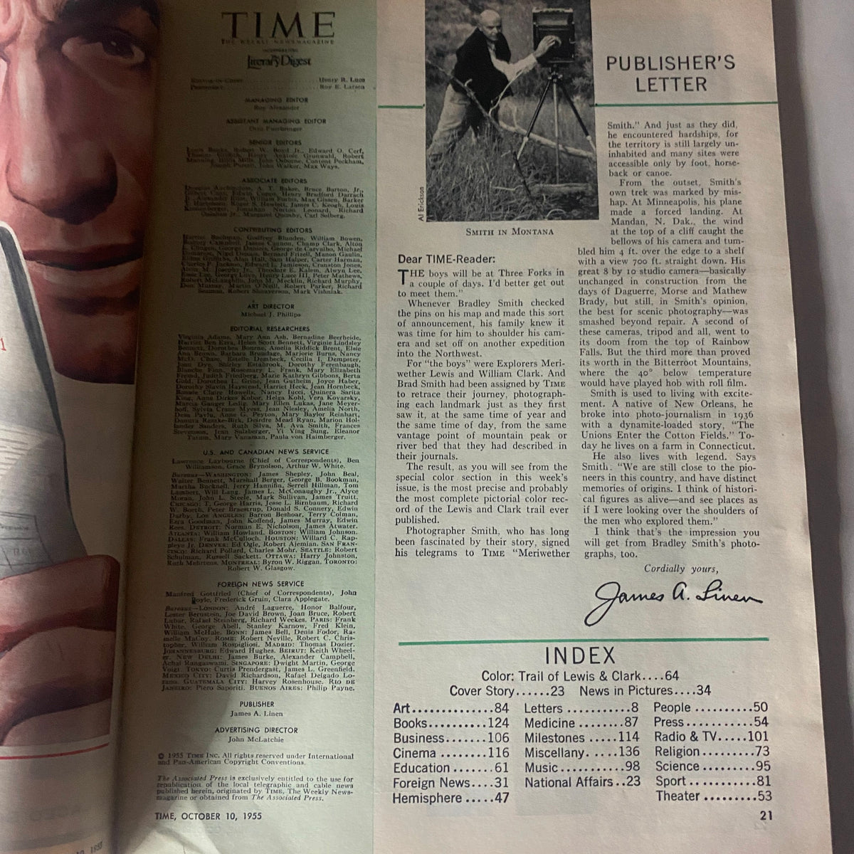 Inside page of VTG Time Magazine October 10, 1955 displaying the publisher's letter and contributors, highlighting the magazine's mid-20th century historical context.