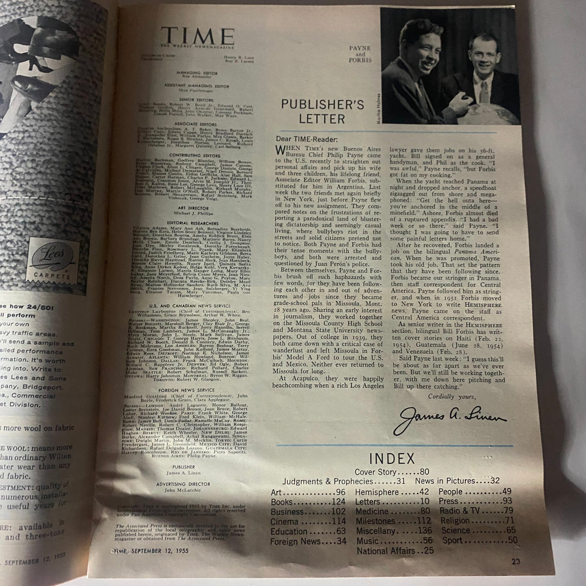 Interior page of vintage Time Magazine from September 12, 1955, featuring a publisher's letter and index of articles, focused on Space Surgeon John Stapp.