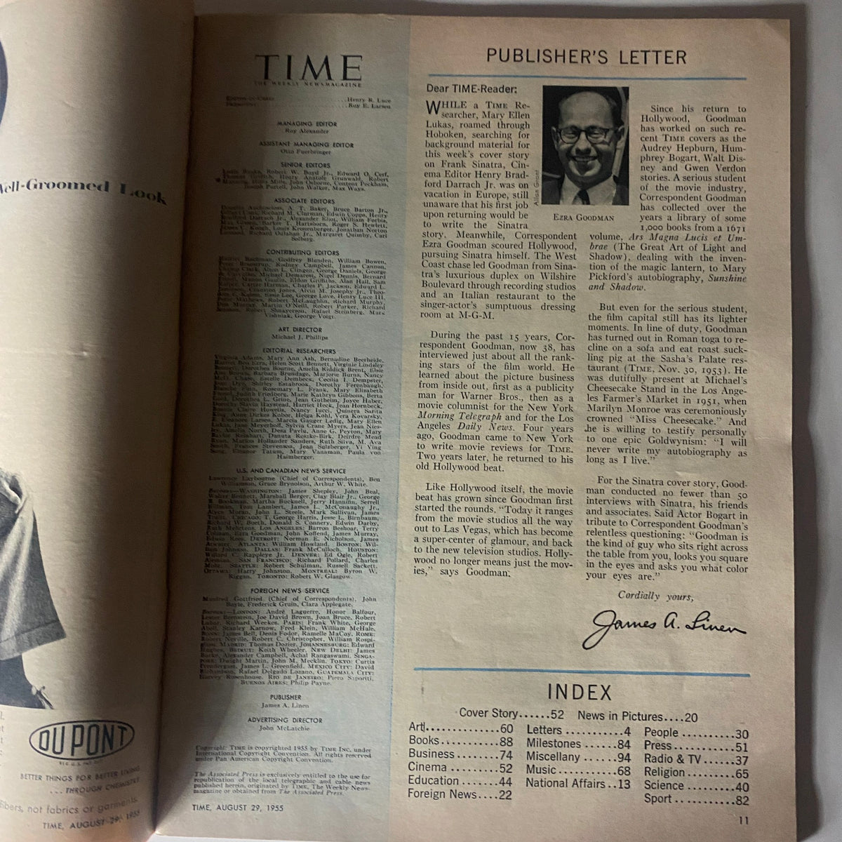 Inside page of VTG Time Magazine August 29, 1955, Vol 61 No. 9 with a publisher's letter and index, highlighting the magazine's content.