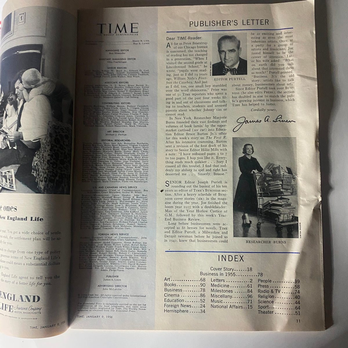Publisher's letter page from VTG Time Magazine January 9, 1956, including editorial staff details, a photograph of a researcher with a cart, and an index of sections within the magazine.