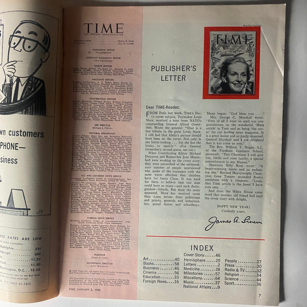 Inside page of the vintage Time Magazine, January 2, 1956, showing the publisher's letter and article index, highlighting significant topics covered in that issue.