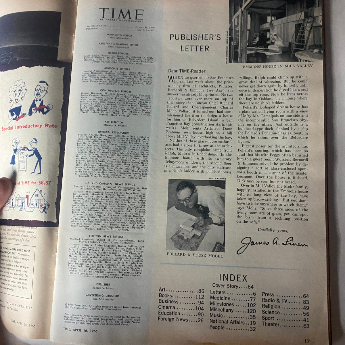 Interior page of Vintage Time Magazine April 16, 1956, displaying the publisher's letter and index, highlighting the magazine's content.