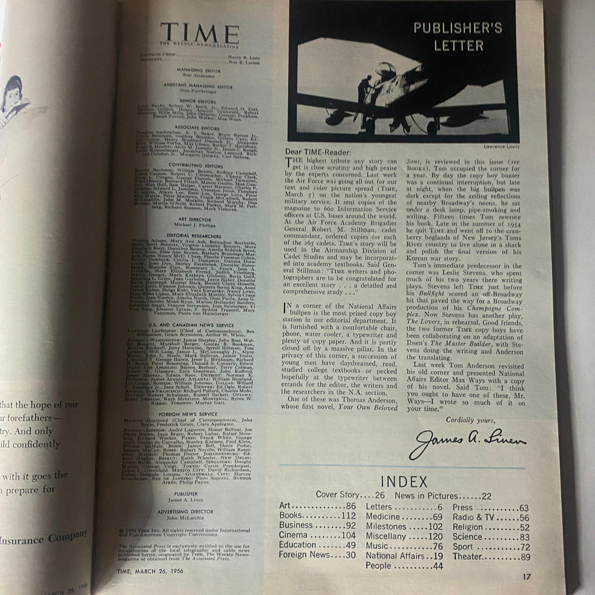 Inside page of VTG Time Magazine March 26, 1956, displaying the publisher's letter and editorial information from the iconic issue.
