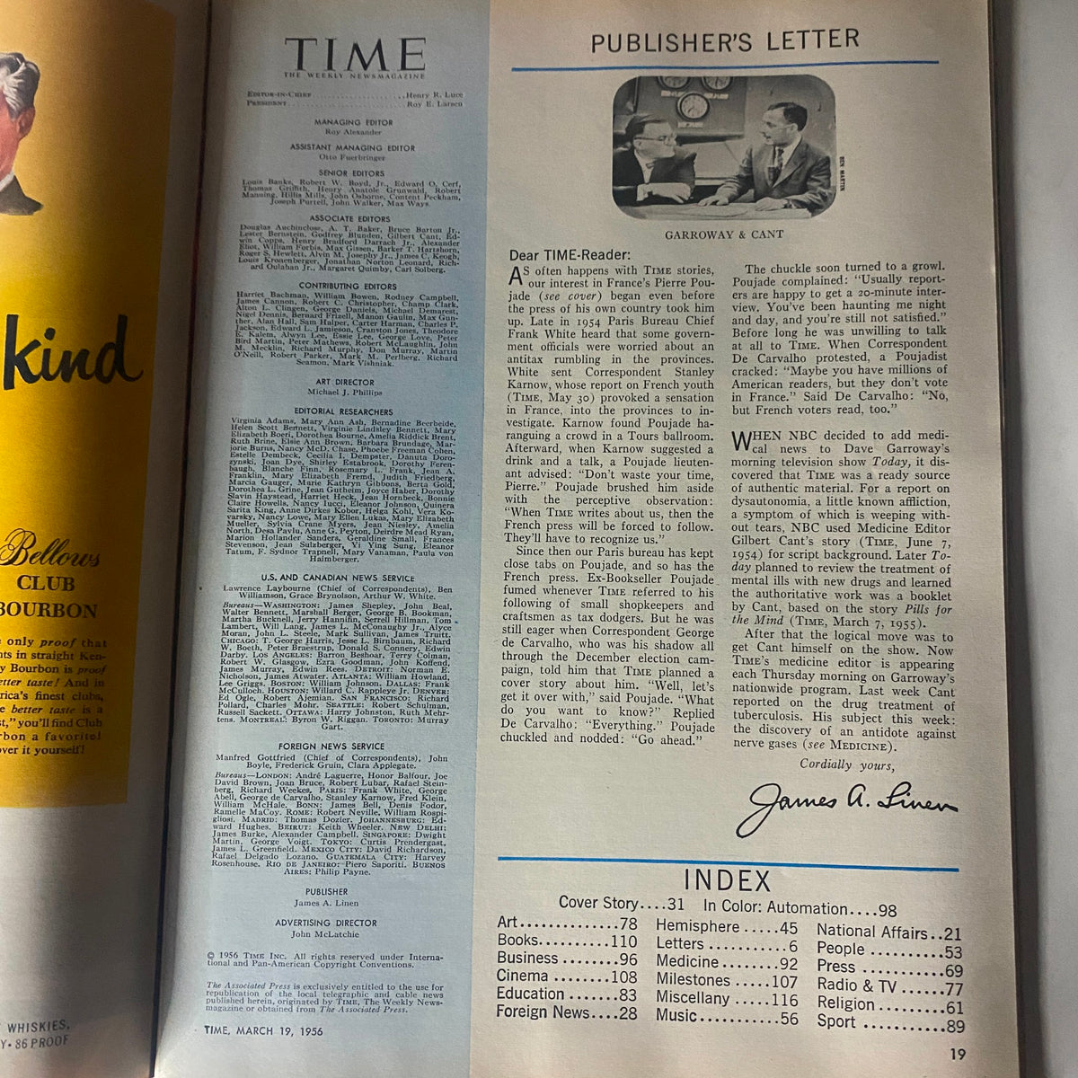 Page from the vintage Time Magazine March 19, 1956, including the publisher's letter and an index of articles, reflecting the magazine's content and editorial focus.