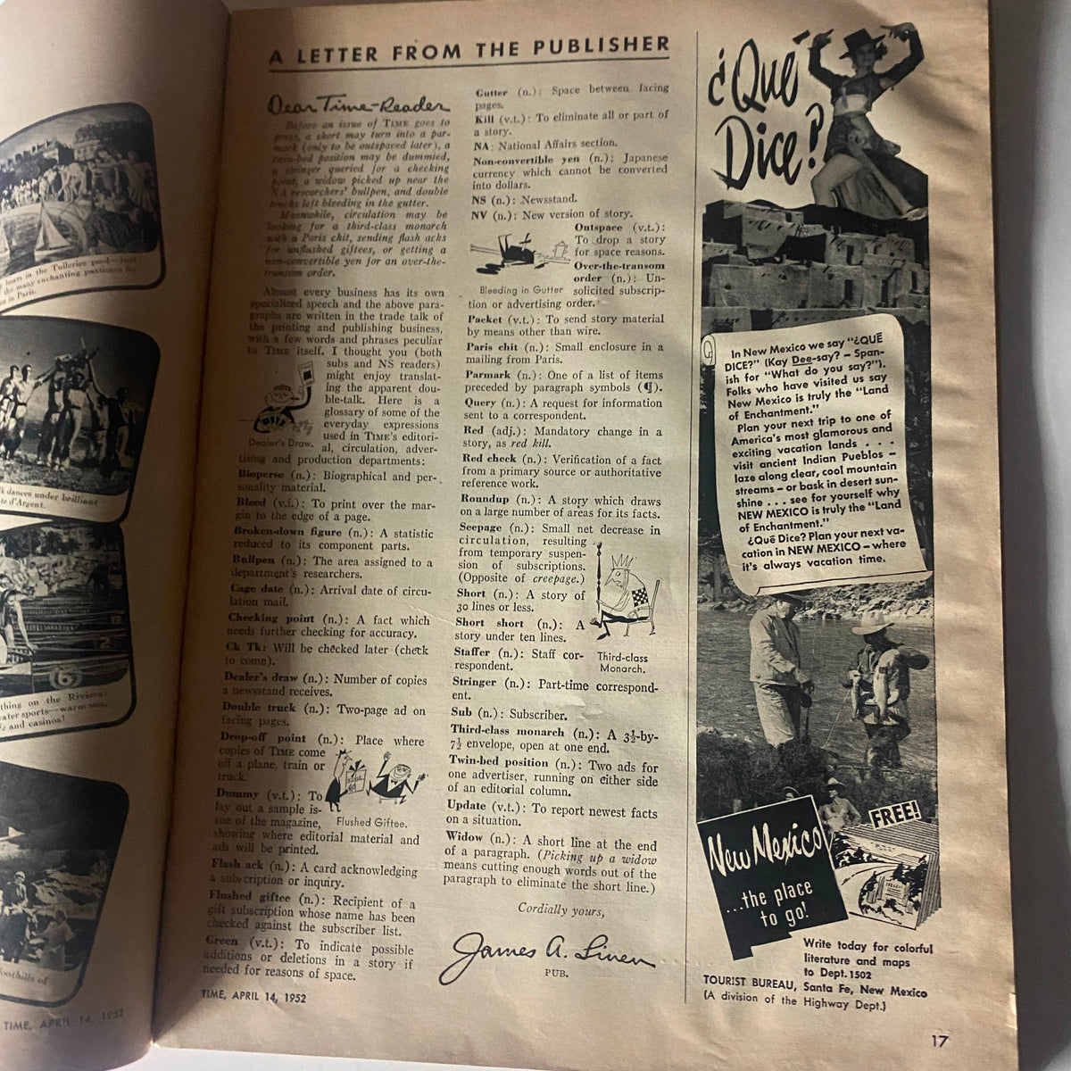 Interior page of VTG Time Magazine April 14, 1952, featuring a letter from the publisher with various definitions related to magazine publishing and an advertisement for New Mexico tourism, providing insight into historical media from the 1950s.