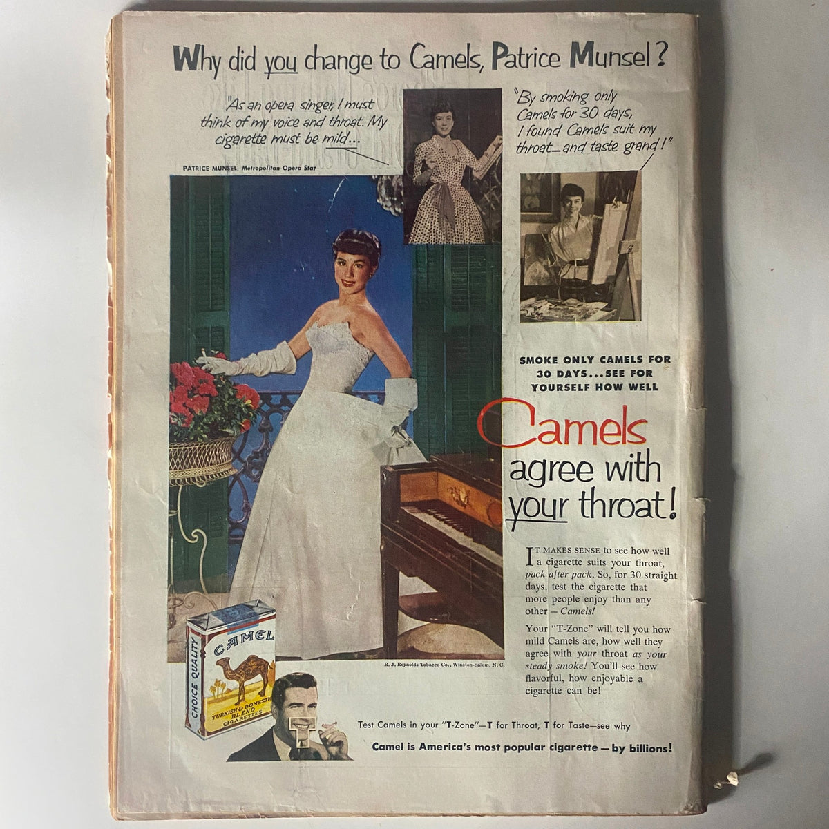 Back cover of VTG Time Magazine August 25, 1952, displaying an advertisement for Camel cigarettes, highlighting vintage marketing styles of the era.