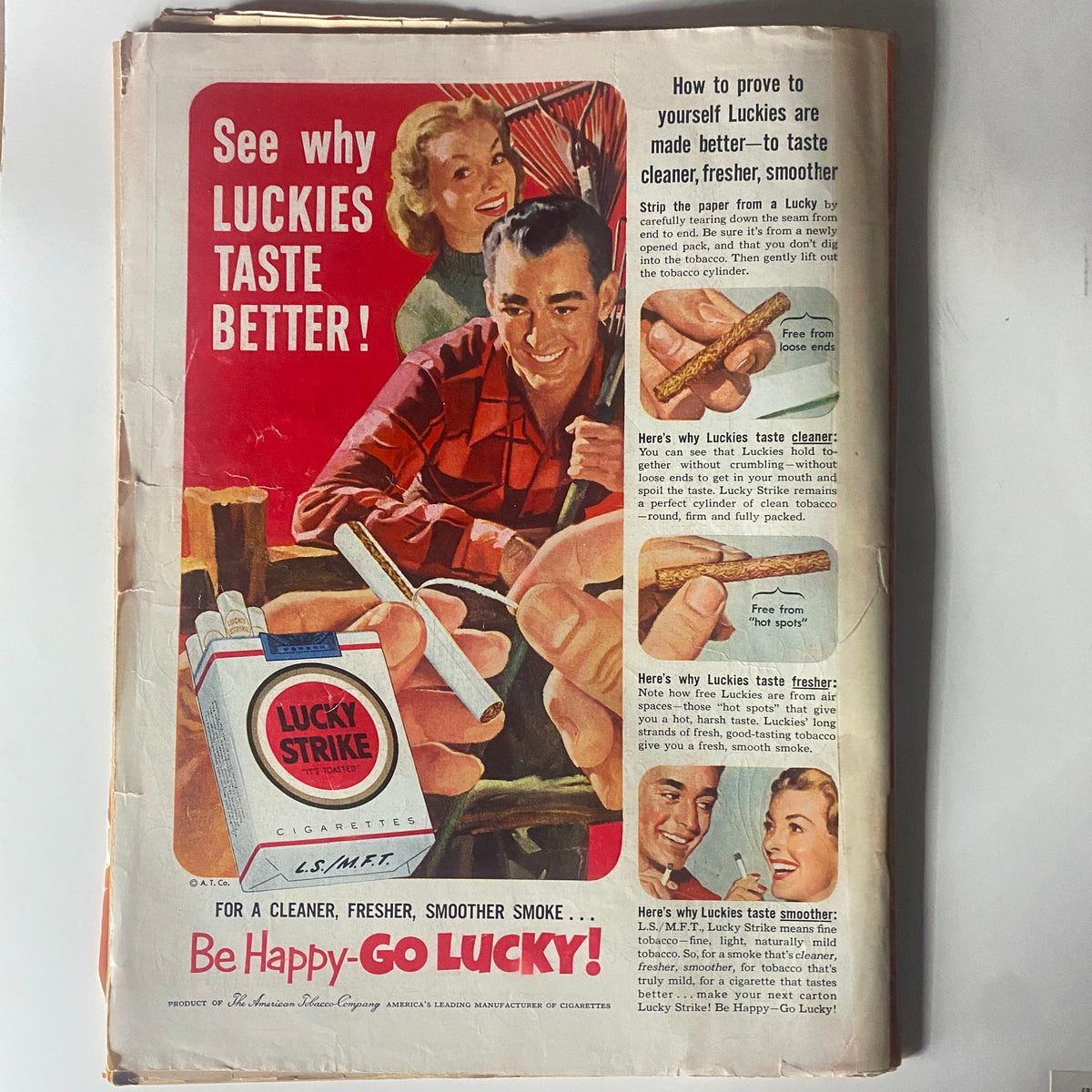 Back cover of the vintage Time Magazine from September 1, 1952, featuring an advertisement for Lucky Strike cigarettes.