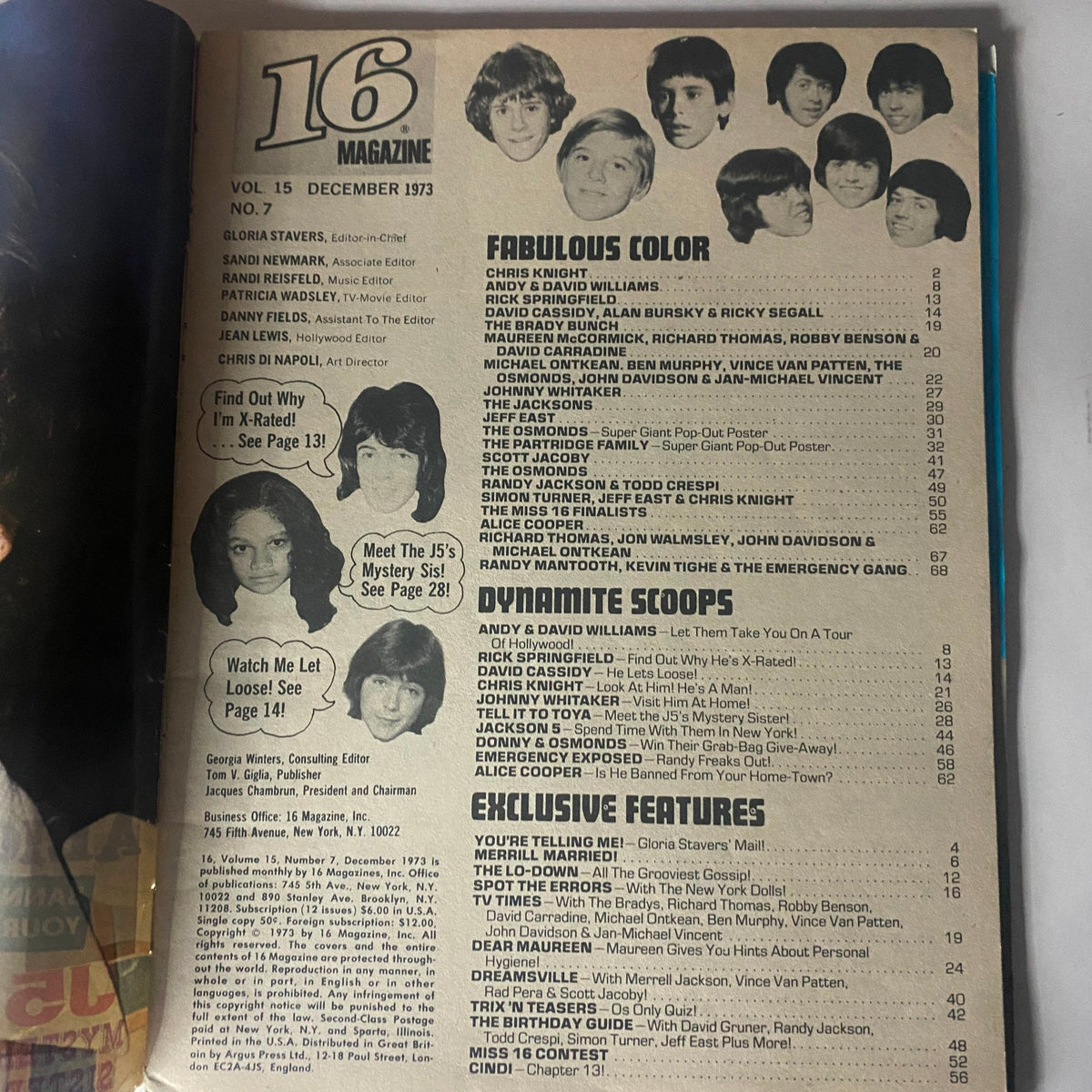 Table of contents from VTG 16 Magazine December 1973, Volume 15 No. 7, listing features including articles on Andy & David Williams, showcasing pop culture highlights from the era.