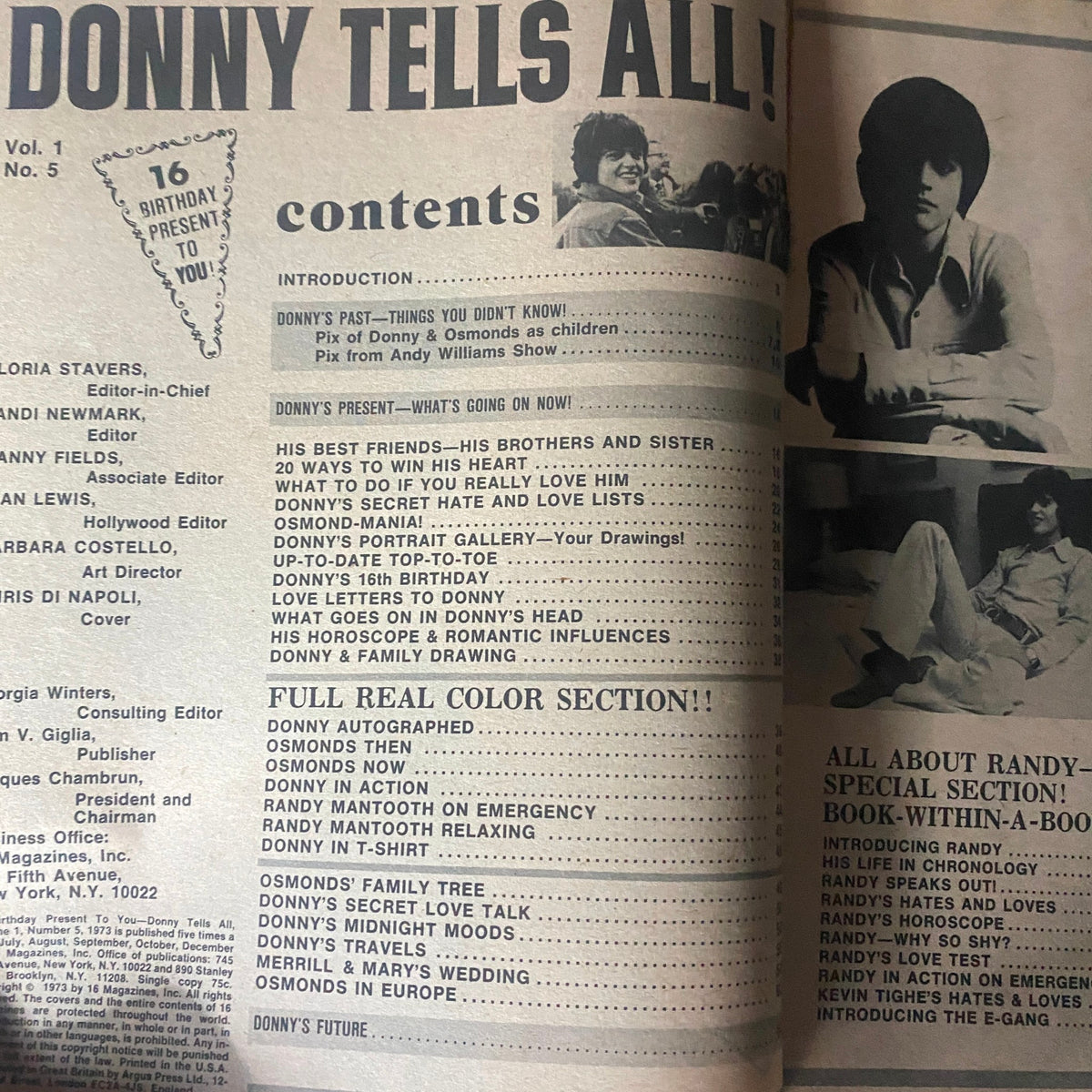 Vintage 16 Magazine Winter 1974 Donny Osmond, Randy Mantooth VG w Poster No Label