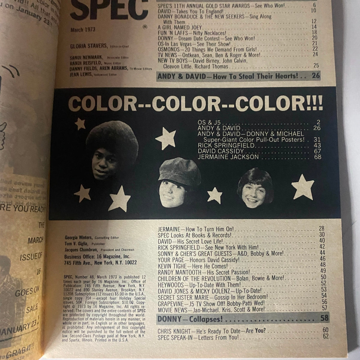 Inside page of VTG 16 SPEC Magazine March 1973, showcasing the contents page with highlights on artists like Andy and David.