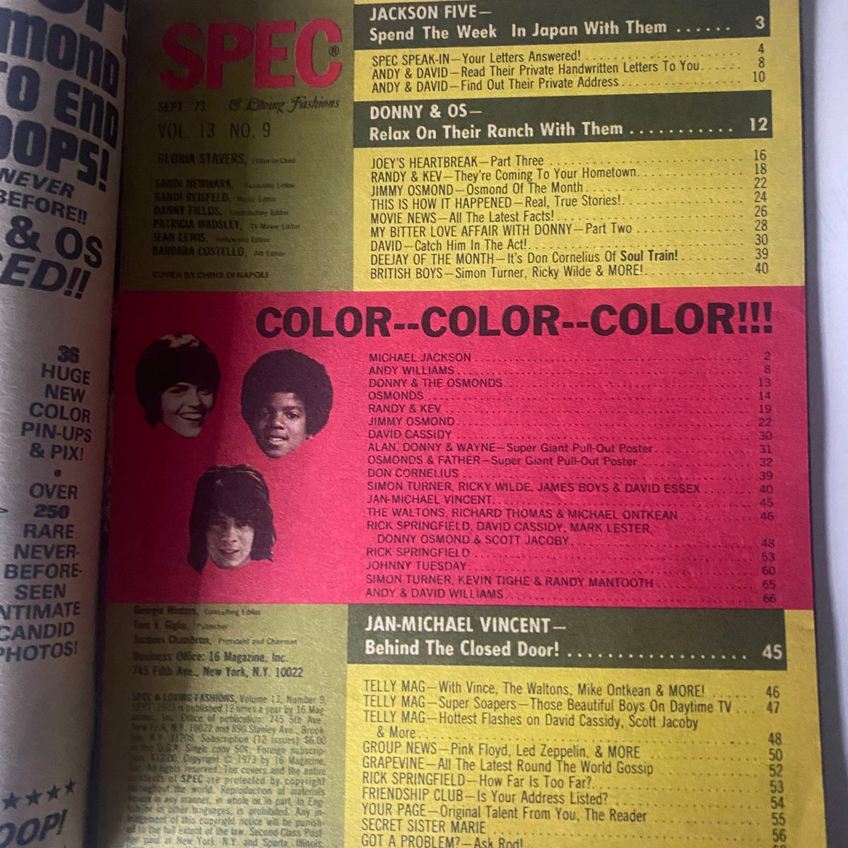 Inside page of VTG 16 SPEC Magazine September 1973 featuring color listings of popular artists and entertainers, including Michael Jackson and the Jackson Five.