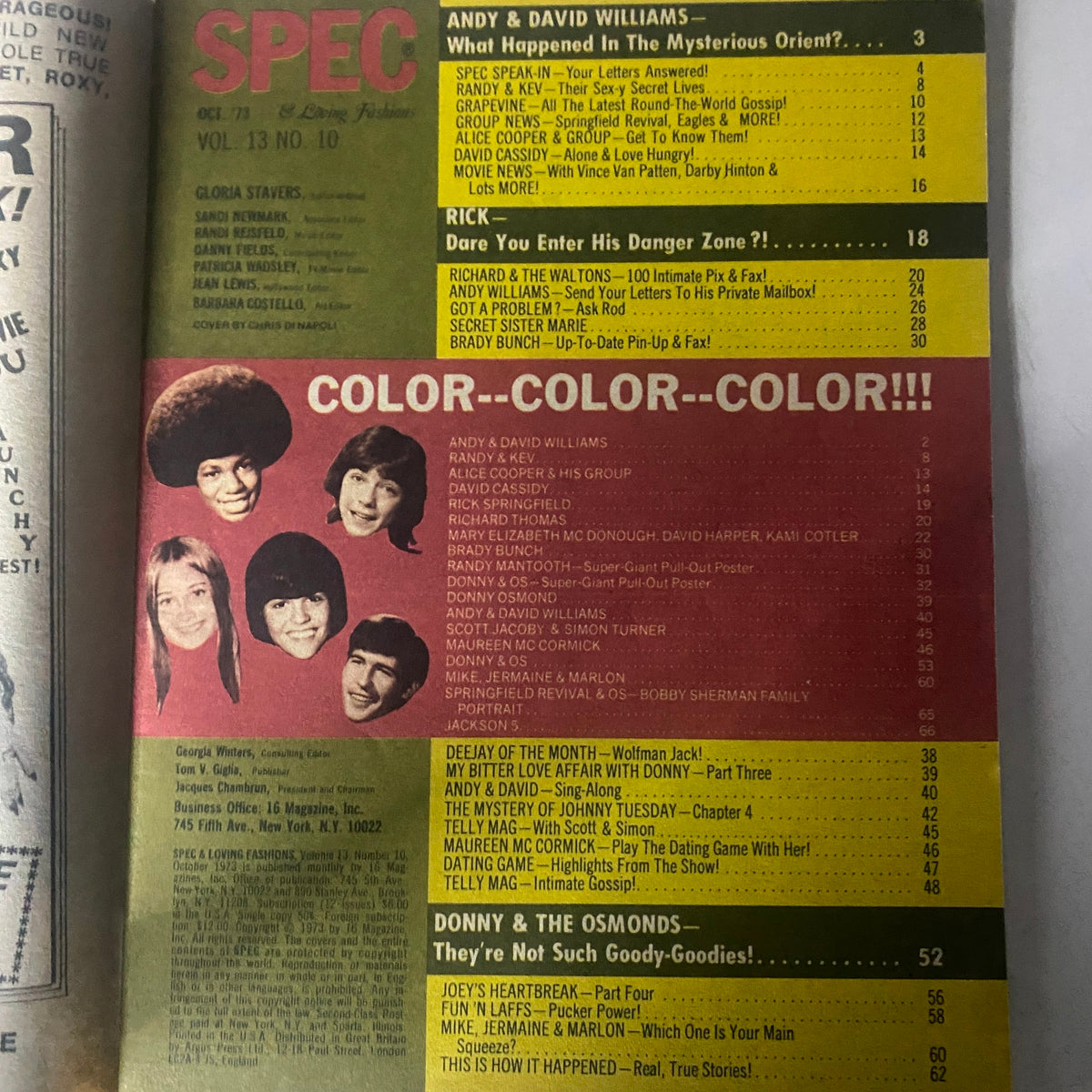 Vintage 16 SPEC Magazine October 1973 Donny Osmond VG w Poster No Label
