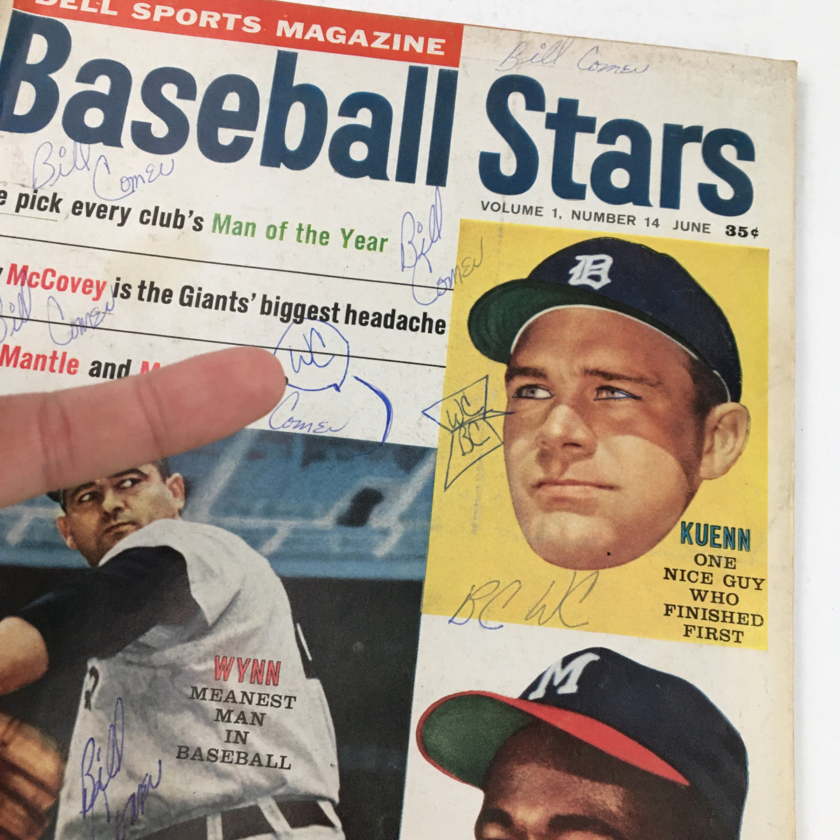 Close-up view of the Dell Sports Magazine June 1960 Cover showing the faces of baseball stars Harvey Kuenn and Jimmy Wynn with handwritten annotations.