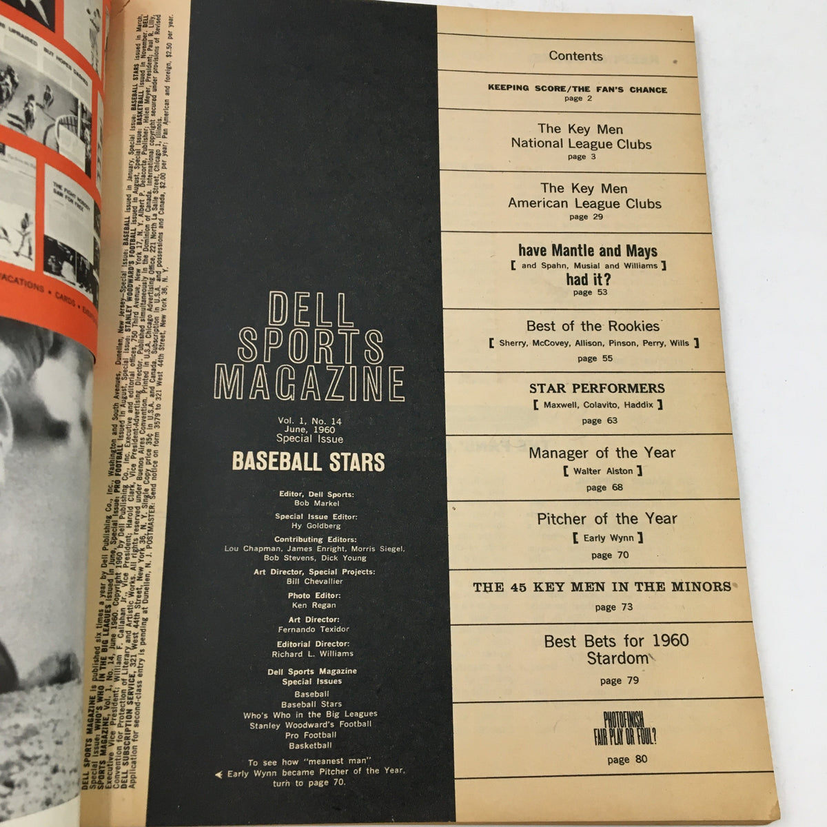 Back cover of the Dell Sports Magazine June 1960 showcasing contents including baseball articles and player highlights.