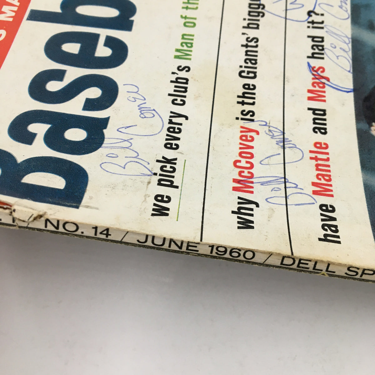 Close-up of the Dell Sports Magazine June 1960 cover featuring hand-written signatures, showcasing its vintage condition and collectible appeal.