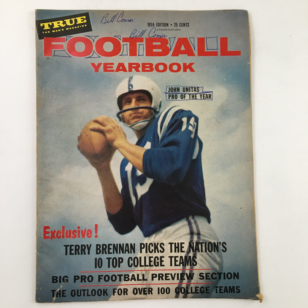 True Magazine 1959 Football Yearbook cover featuring John Unitas, showcasing the historic football edition with bold red and blue text and image of a quarterback.