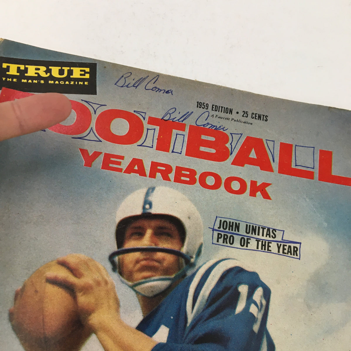 Close-up of the True Magazine 1959 Football Yearbook cover, highlighting John Unitas and Terry Brennan with hand-written signatures.