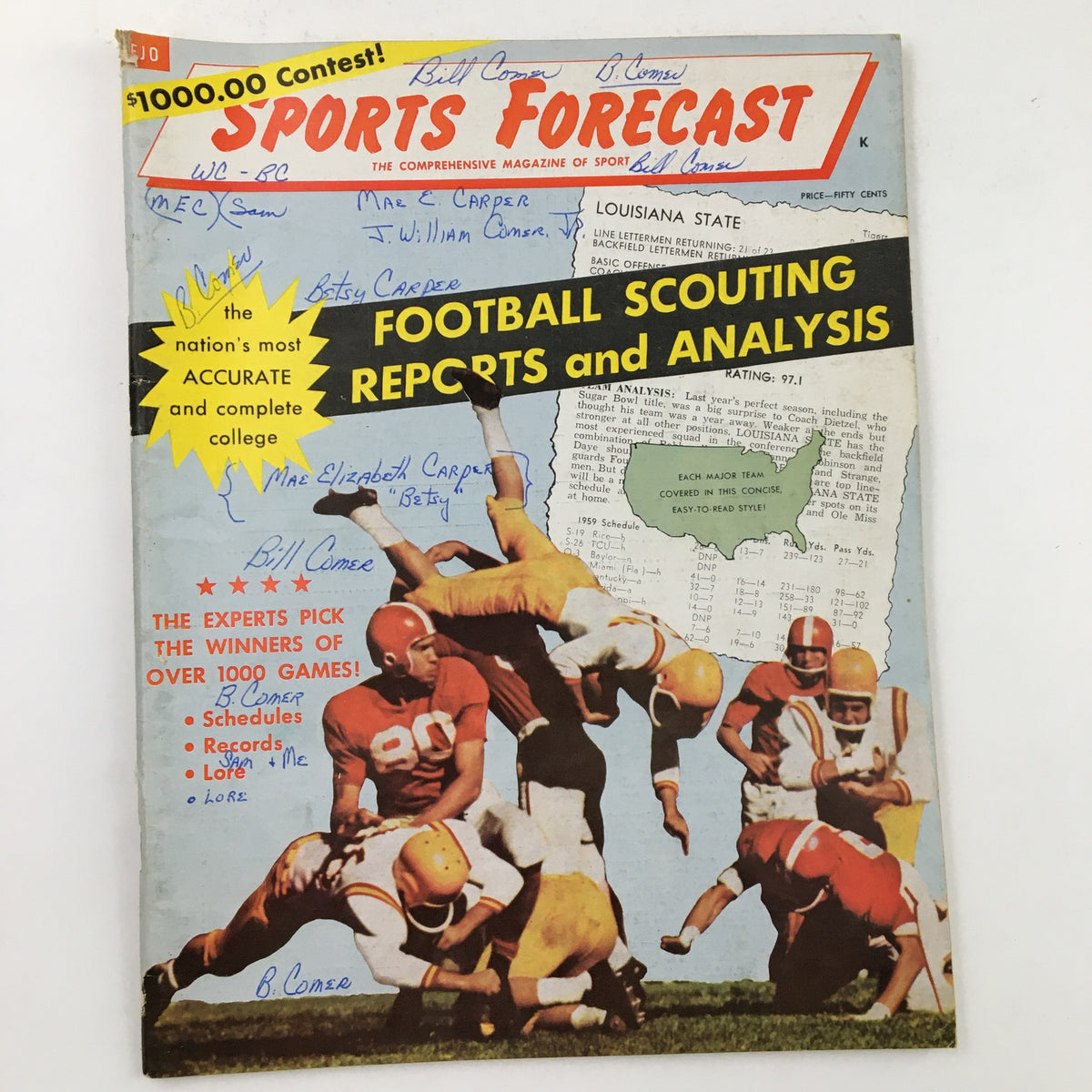 Cover of Sports Forecast Magazine Vol. 2 No. 1 1958 featuring 'Football Scouting Reports and Analysis' with dynamic football action image and handwritten signatures.