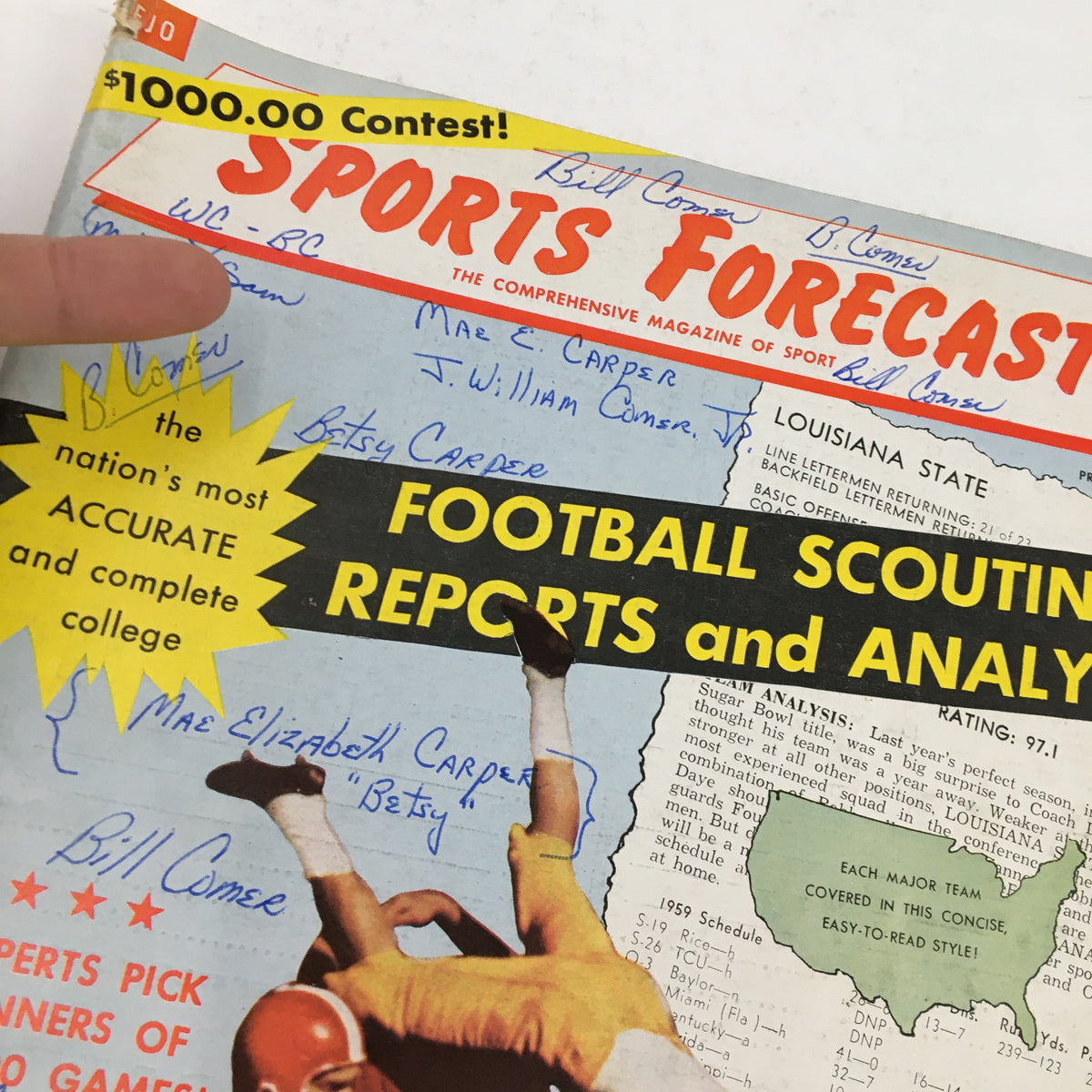 Close-up of the cover of Sports Forecast Magazine Vol. 2 No. 1 1958 displaying the title and key features including handwritten annotations.