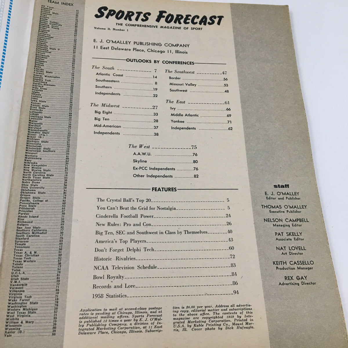 Inside page of Sports Forecast Magazine Vol. 2 No. 1 1958 listing team index and features, showcasing the magazine's vintage layout.
