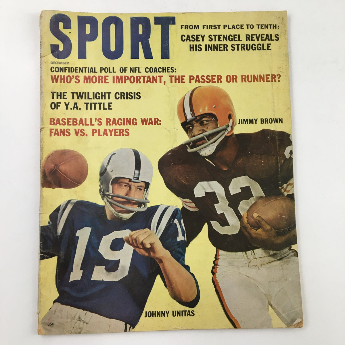 Sport Magazine December 1962 cover featuring legendary athletes Johnny Unitas and Jim Brown in action, highlighting classic sports culture.