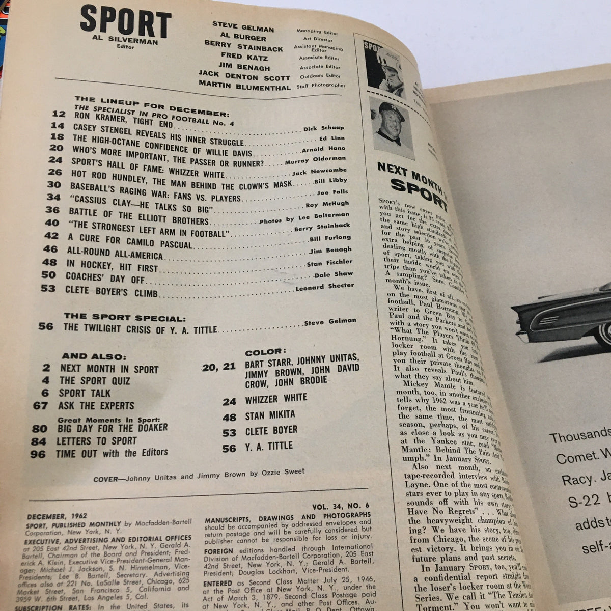 Interior page from Sport Magazine December 1962 displaying the lineup of content and notable articles, reflecting the sports culture of the early 1960s.