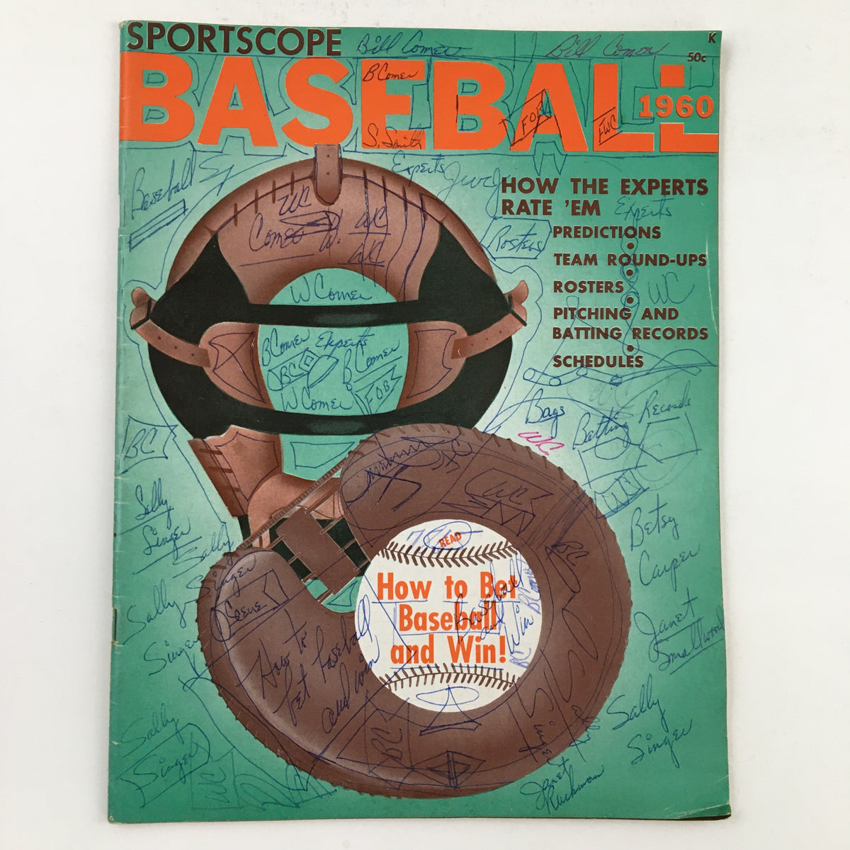 Cover of Sportscope Magazine Baseball 1960 titled 'How To Bet Baseball and Win', featuring an illustrated baseball glove and helmet, with handwritten notes and signatures of past owners.