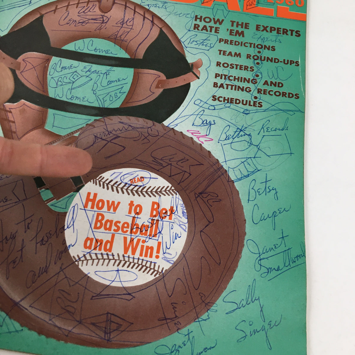 Cover of Sportscope Magazine Baseball 1960 titled 'How to Bet Baseball and Win' featuring handwritten notes and illustrations related to baseball betting.