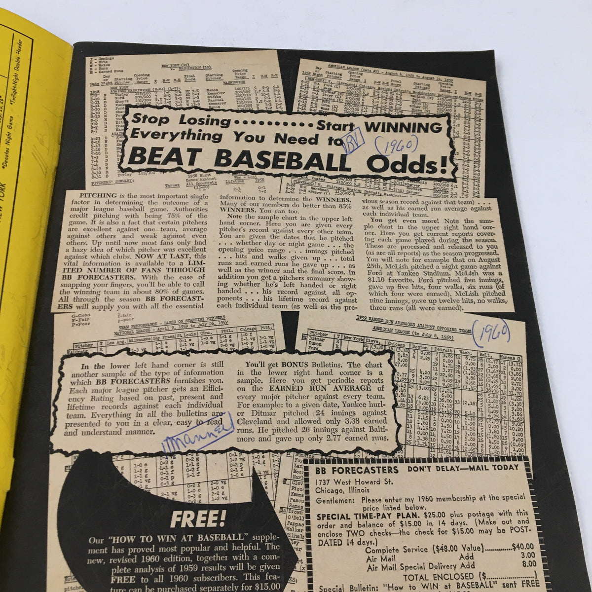 Advertisement page from Sportscope Magazine Baseball 1960 focusing on baseball betting strategies, featuring charts and betting information.