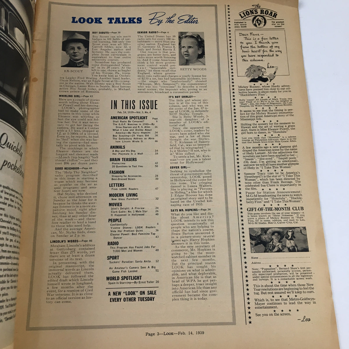 Interior page of Look Magazine February 14, 1939 displaying editorial content and topics featured in the issue.