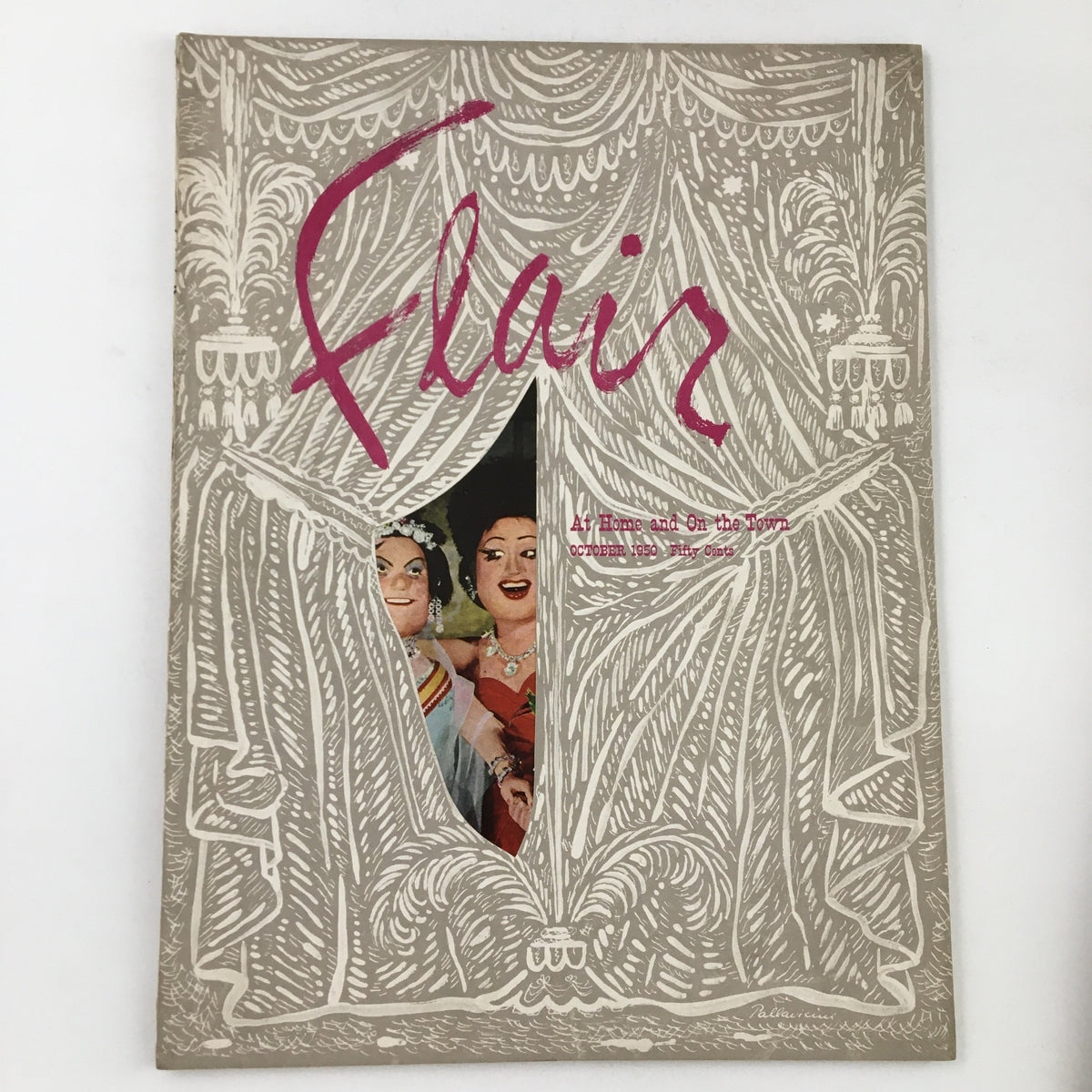 Cover of Flair Magazine October 1950 titled 'At Home and On The Town', featuring vintage design elements and colorful imagery.