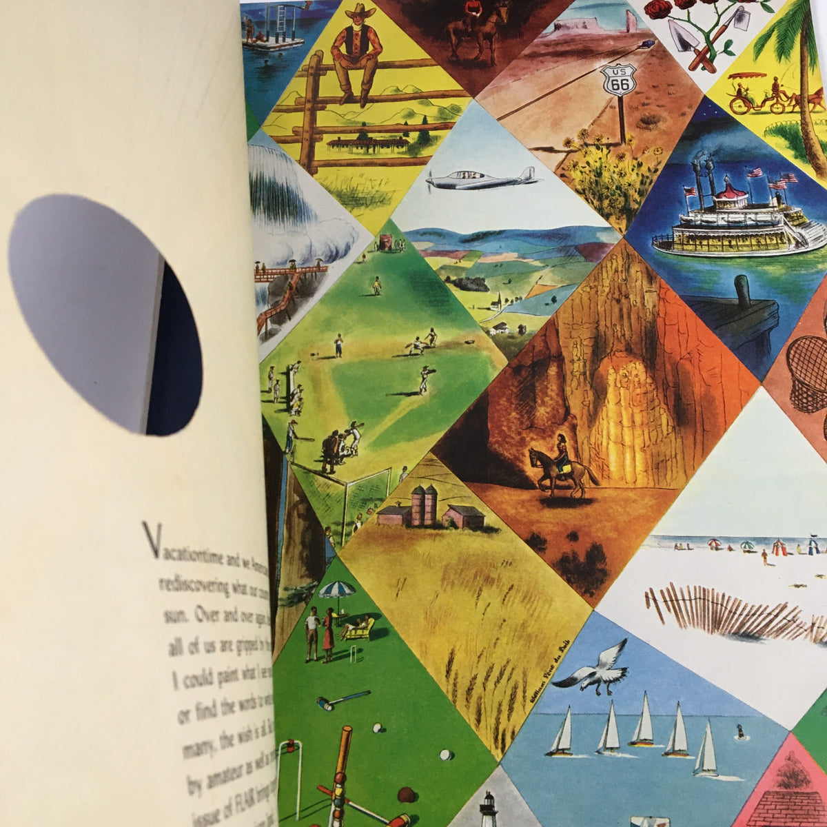 Interior page of Flair Magazine June 1950 showcasing a vibrant collage of travel and leisure illustrations, including sports and scenic landscapes, capturing the essence of 1950s summer adventures.