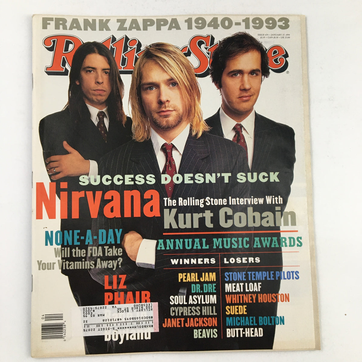 Rolling Stone Magazine January 27 1994 featuring Nirvana with Kurt Cobain on the cover, showcasing iconic music legends of the early '90s.