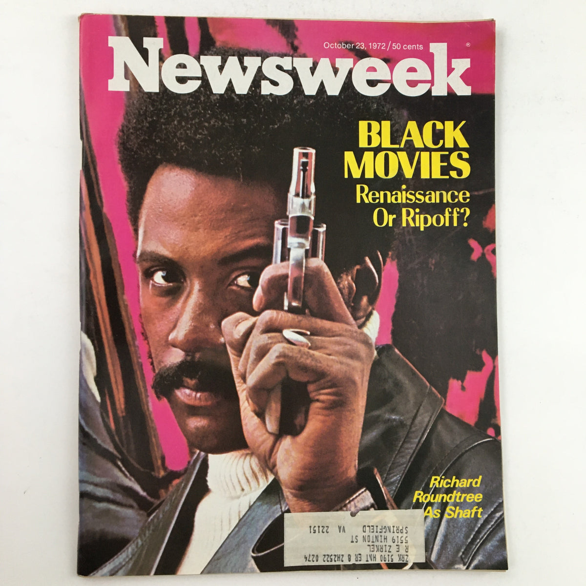 Cover of Newsweek Magazine dated October 23, 1972, featuring Richard Roundtree as Shaft, focusing on the topic of Black Movies.