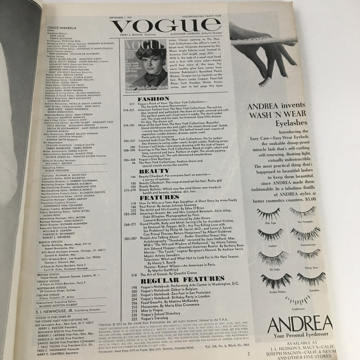 Interior page layout from Vogue Magazine September 1 1971, featuring fashion and beauty sections, contents list, and advertisements. This edition focuses on 'The New Appeal of American Fashion'.