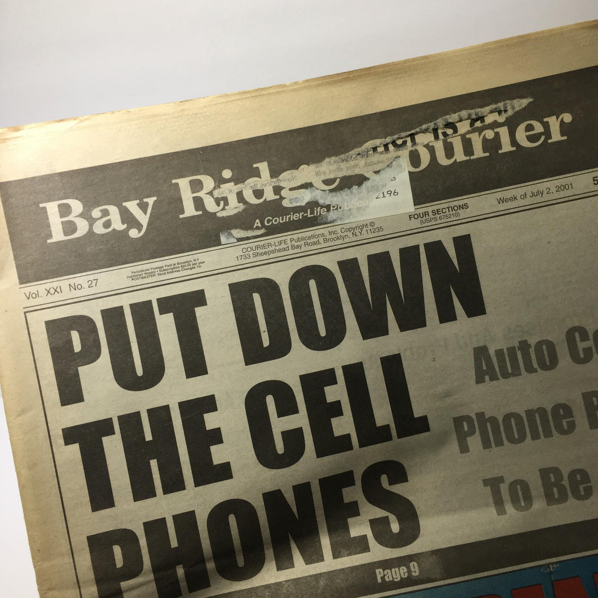 A vintage newspaper front page from the Bay Ridge Courier with the headline 'PUT DOWN THE CELL PHONES', associated with A Courier Life Publications: 07/2/2001.