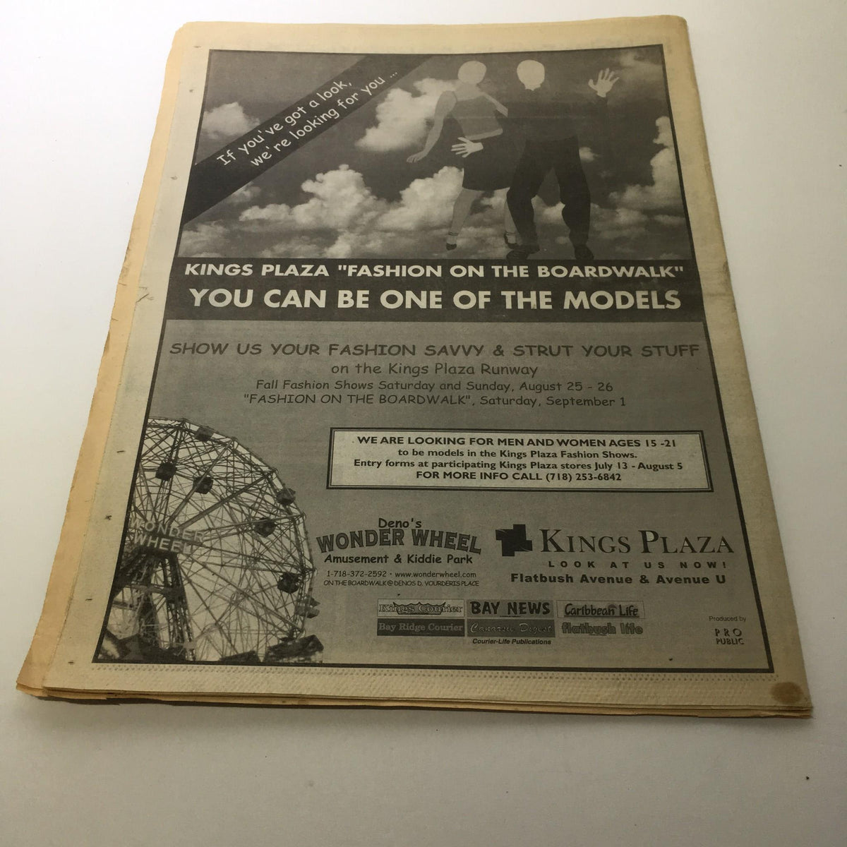 An advertisement in an old newspaper promoting fashion runway events at Kings Plaza, from A Courier Life Publications: 07/2/2001.