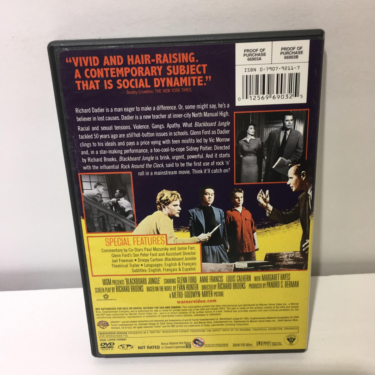 Back cover of the Blackboard Jungle 2005 Glenn Ford DVD showcasing a vivid description and special features, highlighting the film's themes.