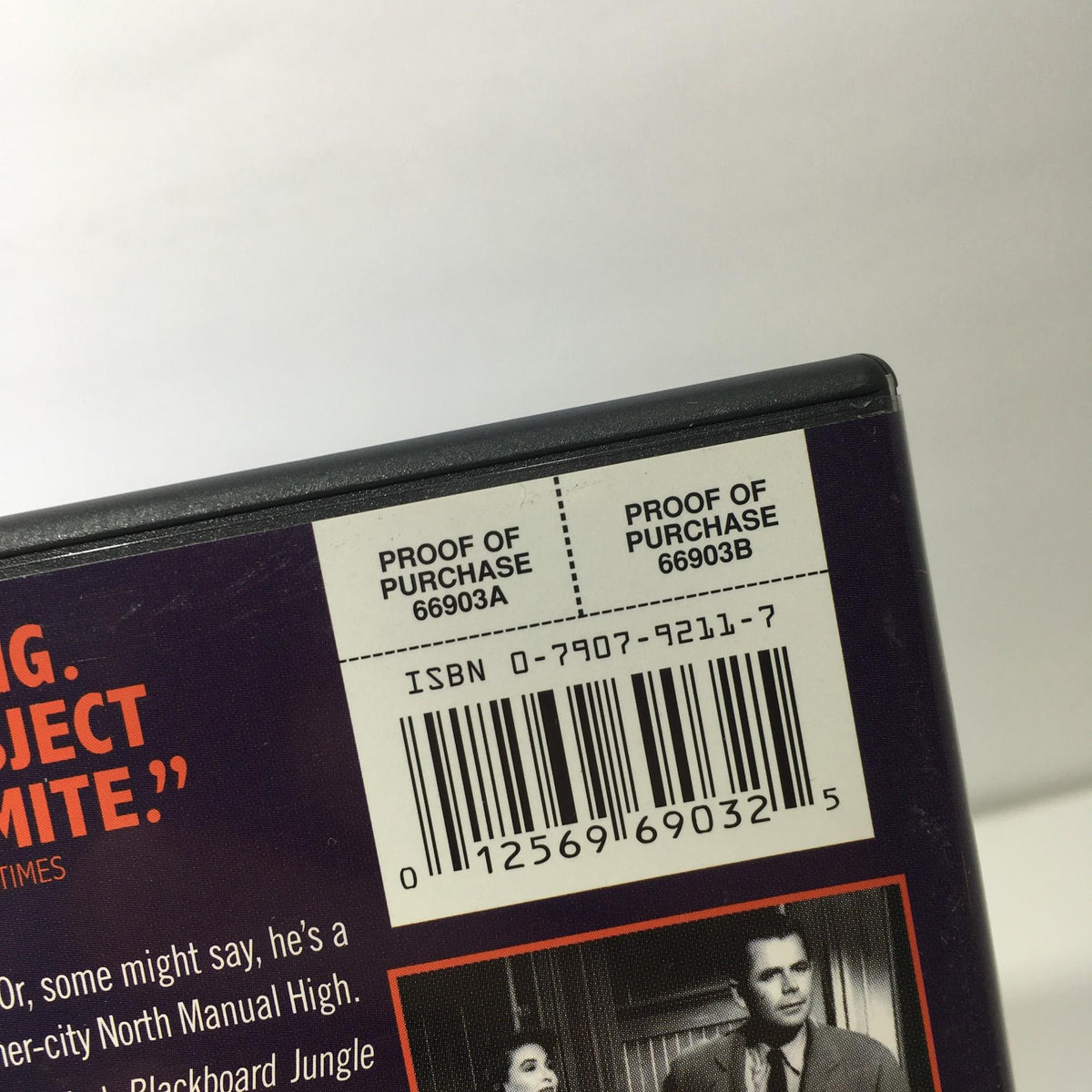 Close-up of the proof of purchase and ISBN details on the Blackboard Jungle 2005 Glenn Ford DVD, emphasizing its authenticity.
