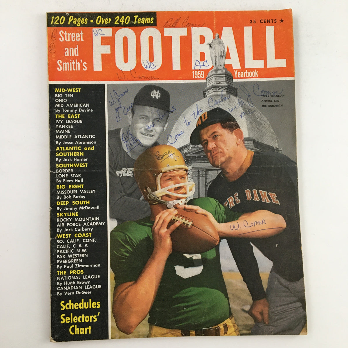 Cover of the Street & Smith's Football 1959 Yearbook featuring players Terry Brennan and George Izo, highlighting vintage football graphics and handwritten notes.